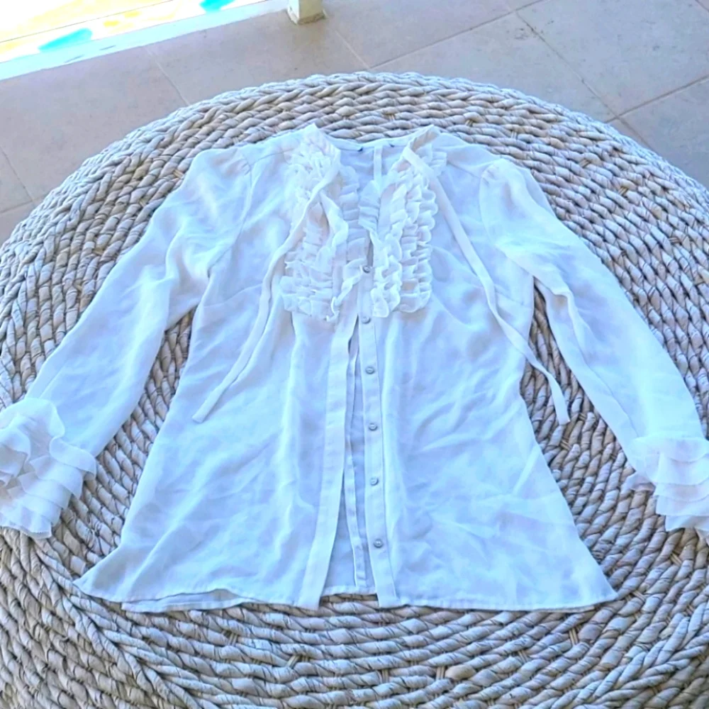 Cream Ruffled Bib Collar Button Down Top - Picture 1 of 10